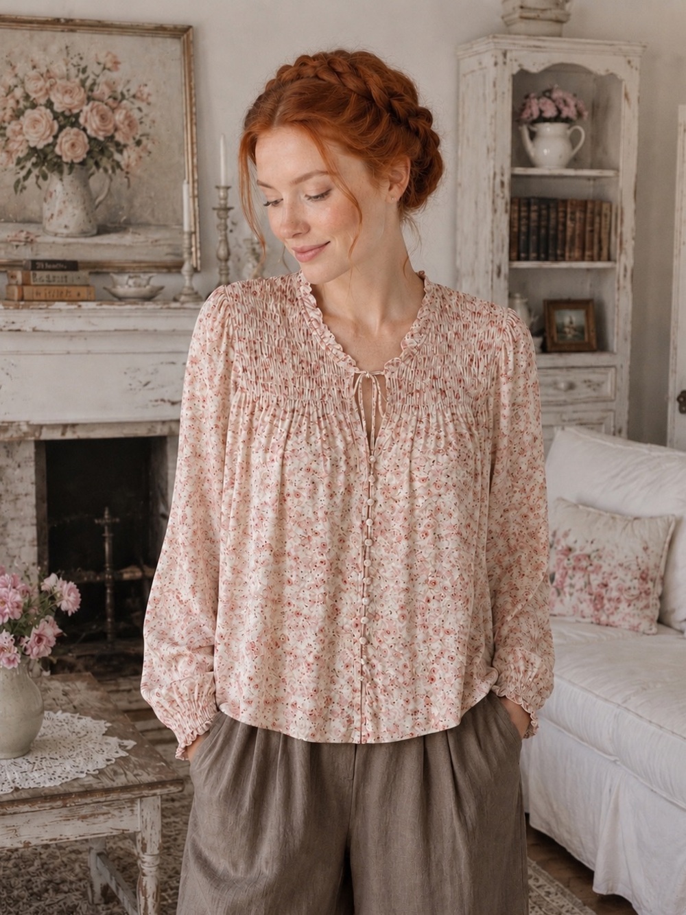 DEAR JOHN Floral Smocked Peasant Blouse Cottagecore Ruffle Tie Front Top